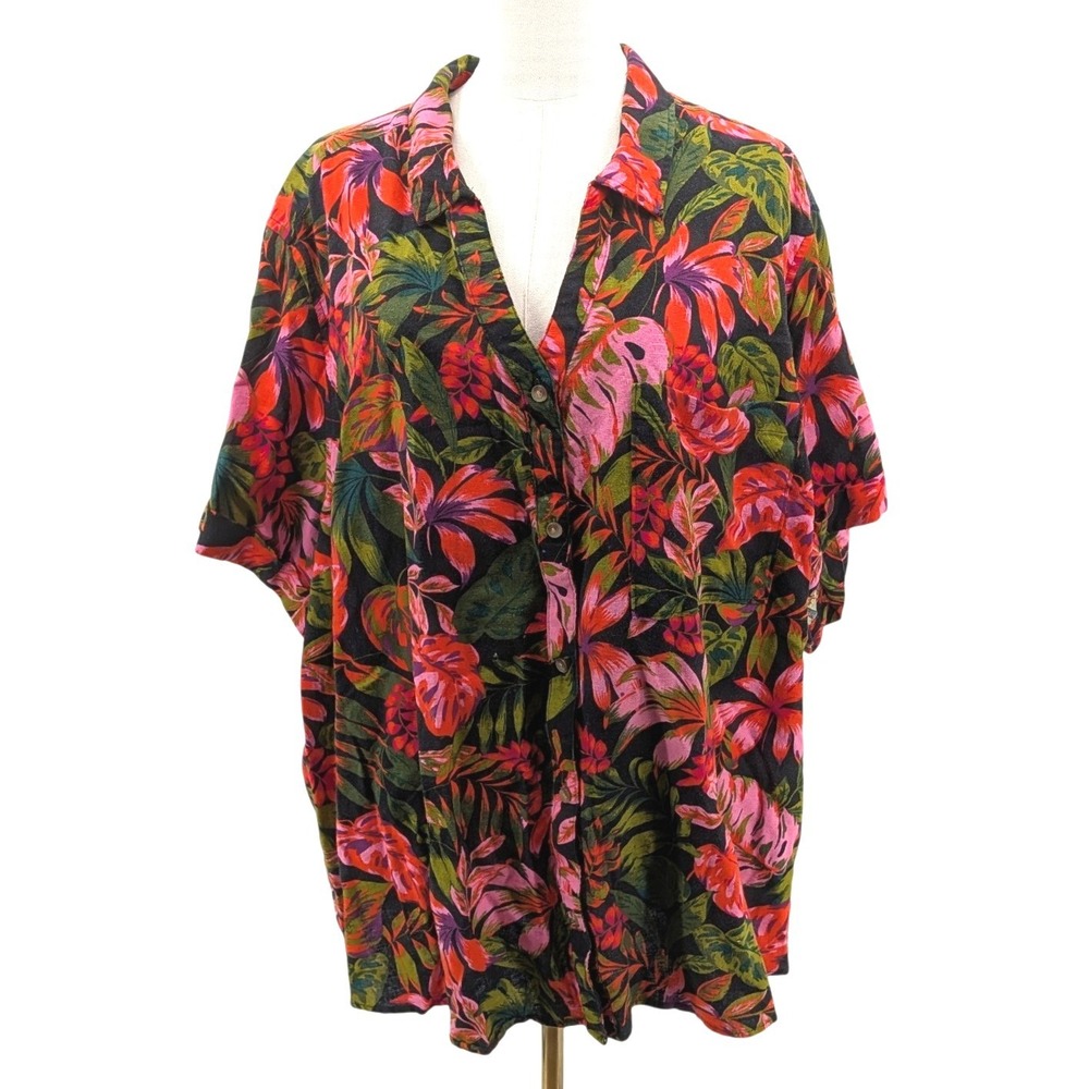 Tropical Linen Blend Button‎ Up Shirt Floral Hawaiian Plus 4X Summer Cotton